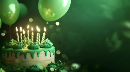 Green birthday cake with candles, green background and balloons