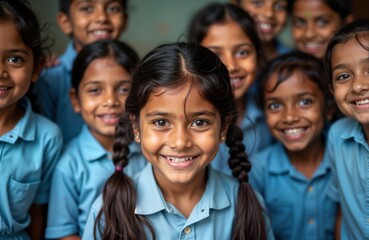 Indian school kids smile cheerfully in group photo. Children wear school uniforms. Joyful expressions showcase friendly nature. Group represents rural school setting in India. Positive, vibrant image