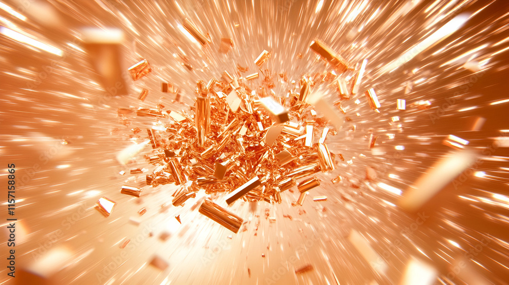 Poster copper fragment explosion, metallic shards radiate outward dynamically in a burst of energy and ligh