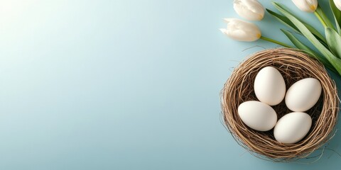 A serene Easter scene shows a nest with delicate white eggs surrounded by colorful tulips against a vibrant blue backdrop, symbolizing renewal and capturing springs joyful essence