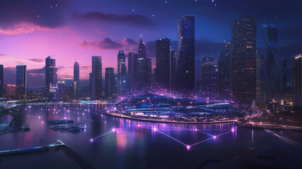 Fototapeta premium Smart digital Innovation city with connection network reciprocity over the cityscape. of future smart wireless digital city and social media networking systems that connects people with in city