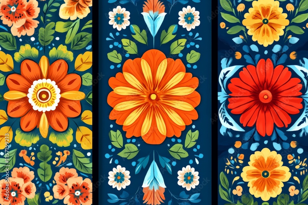Aufkleber The image showcases intricate and colorful floral patterns set against a deep blue background, emphasizing symmetry and vibrant colors to create a lively design.