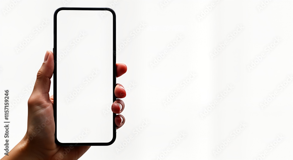 Poster Hand holds blank smartphone screen. Modern device isolated white background. Blank display for app mockups. Hand holds phone in close up view. Product display technology. Design template. Mobile