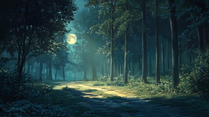Obraz premium A peaceful night scene with the soft light of the moon illuminating a quiet forest, casting long shadows across the ground