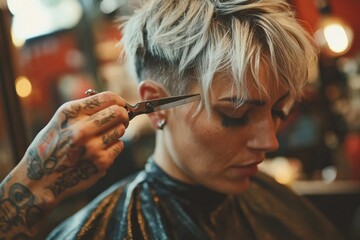 A skilled hairdresser with tattooed arms offers a stylish haircut to a woman in a trendy salon setting, representing creativity and personal expression.