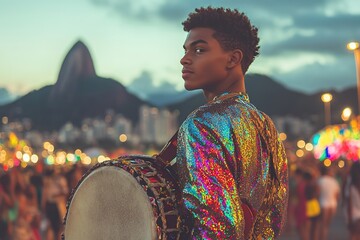 Vibrant performer in shimmering attire holds drum against lively