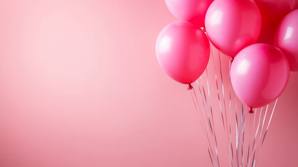 Festive Pink Balloons with Shiny Ribbons Against a Soft Pink Background for Celebrations
