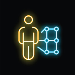 Neon style icon of a businessman standing next to a growing graph, representing business success