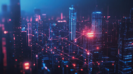 Smart digital Innovation city with connection network reciprocity over the cityscape. of future smart wireless digital city and social media networking systems that connects people with in city