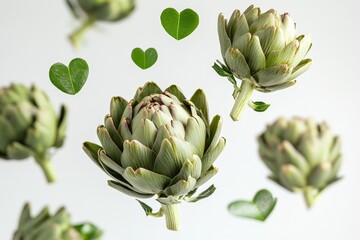 Fototapeta premium Floating artichokes with heart-shaped leaves create a whimsical and fresh design on a neutral background, symbolizing nature's bounty and purity.