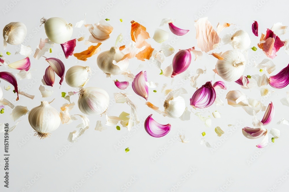 Aufkleber this image showcases various onions and garlic with skins elegantly floating against a soft backgrou