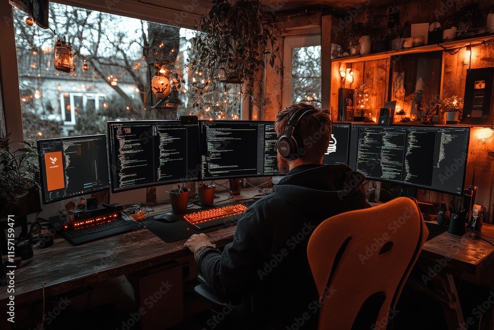 Aufkleber A technology enthusiast immerses himself in a multi-screen coding setup, surrounded by a warm and inviting workspace atmosphere, indicative of digital creativity.