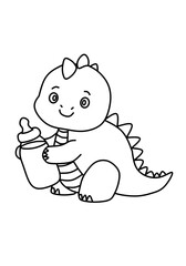 Illustration of a cute baby dinosaur holding a milk bottle, a sketch for children to learn to color