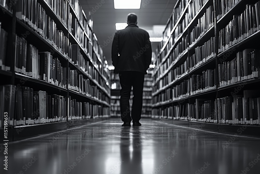 Poster A silhouette of a man walking down a library aisle bordered by towering bookshelves, casting a solitary and introspective mood in a monochrome setting.