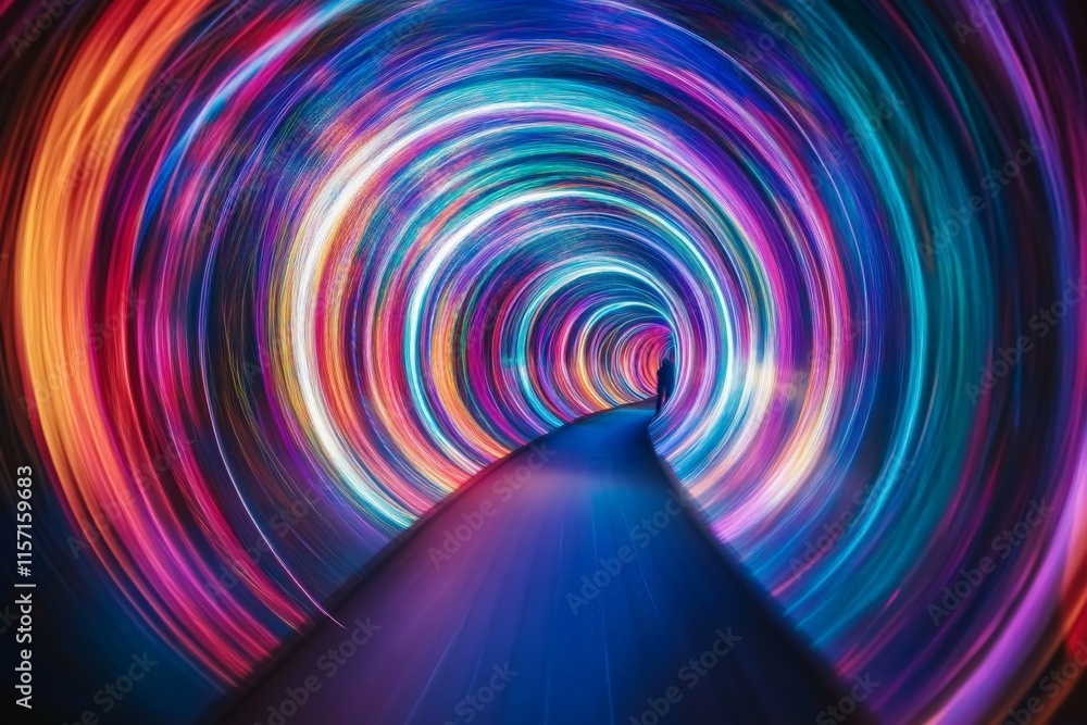 Aufkleber a vibrant tunnel enveloped in swirling neon lights displaying a kaleidoscope of colors, creating a m