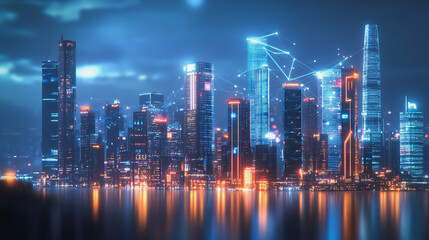 Fototapeta premium Smart digital Innovation city with connection network reciprocity over the cityscape. of future smart wireless digital city and social media networking systems that connects people with in city
