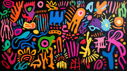 Energetic abstract composition with colorful vibrant shapes and patterns on a dark background