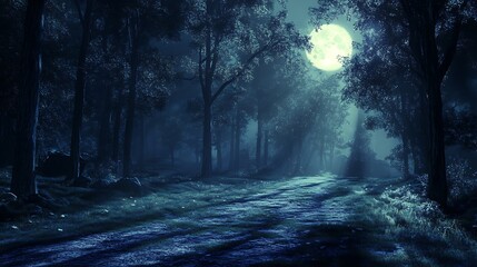 Obraz premium A peaceful night scene with the soft light of the moon illuminating a quiet forest, casting long shadows across the ground