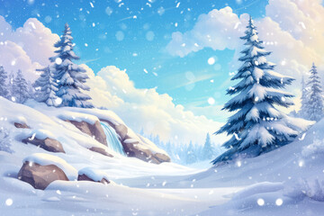 Obraz premium Serene Winter Landscape with Snowy Trees and Gentle Waterfall Under a Bright Blue Sky