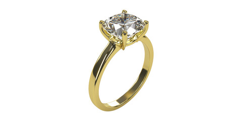 Gold engagement ring with solitaire diamond isolated on transparent background
