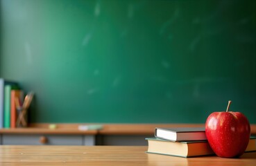School desk with books, apples sits in front of green chalkboard. Classroom setting evokes back-to-school concept. Educational template features learning supplies. Simple, organized. Copy space