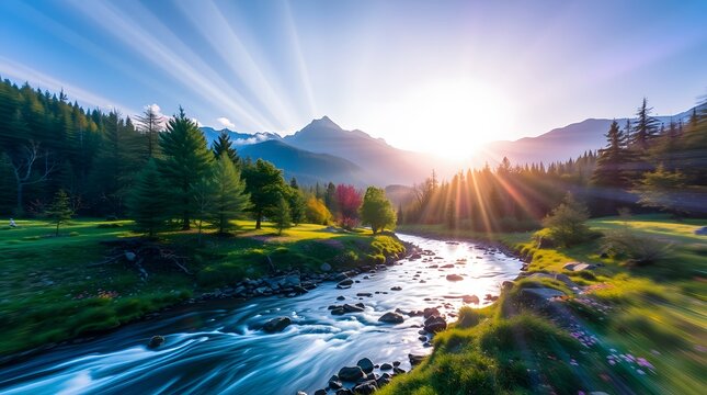 Spring Forest Mountain River in Sunlight