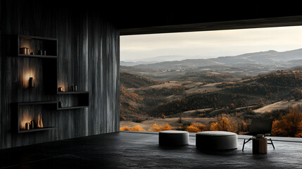 Serene Mountain View, Autumnal Landscape Seen from Minimalist Interior with Dark Wood Accents and Modern Furnishings.