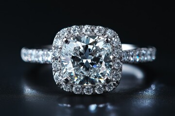 This cushion-cut diamond ring captures breathtaking beauty, featuring a dazzling halo around the center stone, set on a band sparkling with smaller diamonds.