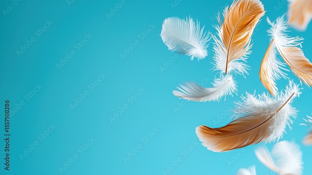 Poster white feathers floating in airy and tranquil atmosphere with copy space