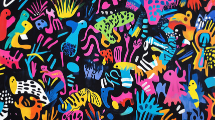 Abstract colorful pattern with vibrant shapes and creative elements on a dark background