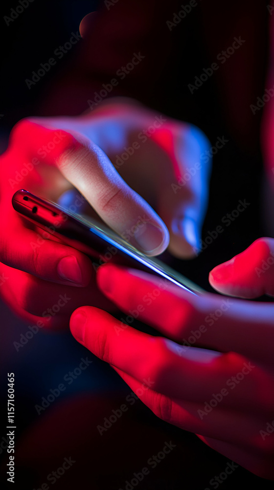 Poster hands using smartphone in neon light, digital interaction in red and blue hues.