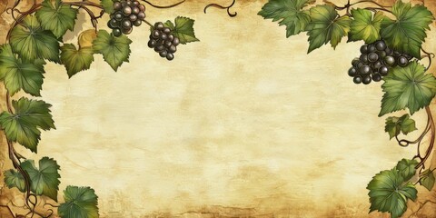 Vintage wine list menu featuring green grape leaves on aged blank paper. This textured old parchment serves as a unique template with grapevine motifs for your presentation of alcoholic beverages.