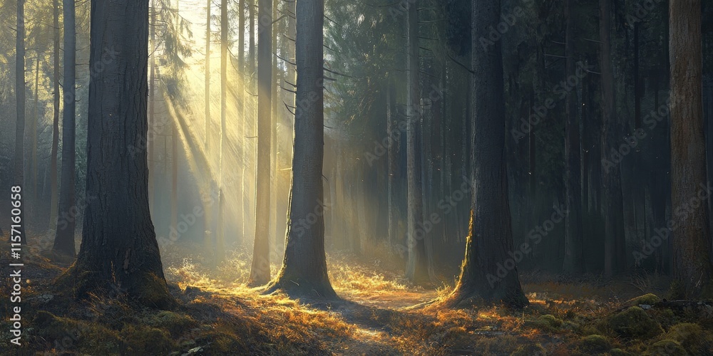 Poster sunlight filters through a dense forest, creating enchanting shadows on tall, slender trees with bro
