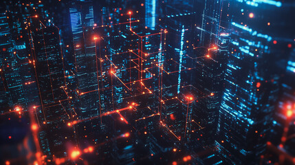 Smart digital Innovation city with connection network reciprocity over the cityscape. of future smart wireless digital city and social media networking systems that connects people with in city