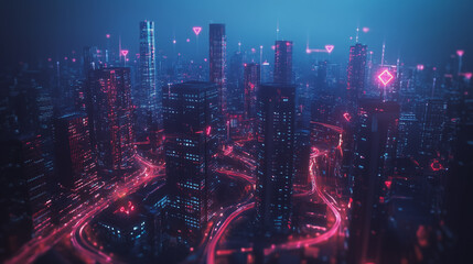 Fototapeta premium Smart digital Innovation city with connection network reciprocity over the cityscape. of future smart wireless digital city and social media networking systems that connects people with in city