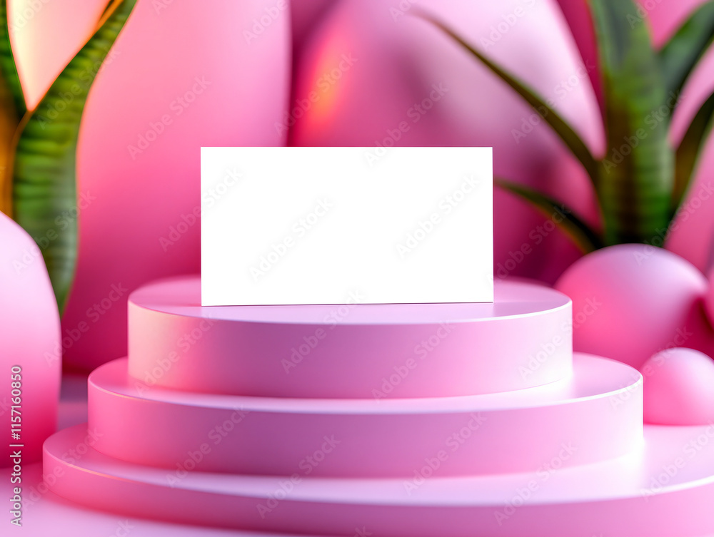 Poster elegant display of blank card on soft pink background with stylish geometric shapes
