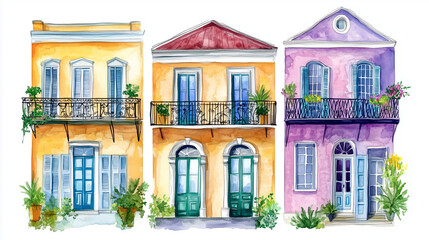 Fototapeta premium Colorful watercolor illustration of charming European-style houses with balconies and decorative details