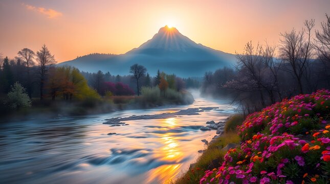 Spring Forest Mountain River in Sunlight