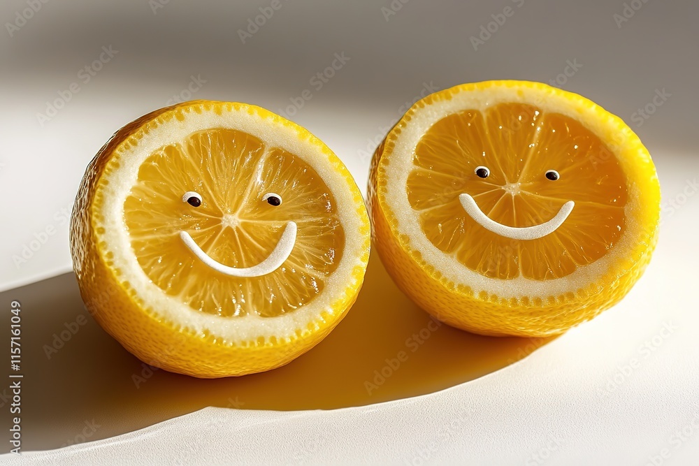 Poster Bright lemons with smiling faces create cheerful and playful atm
