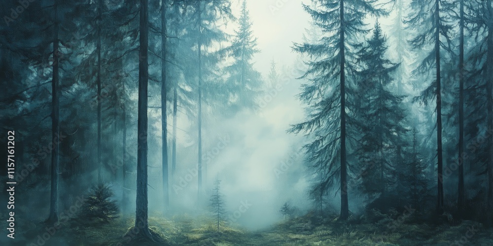 Poster misty trees in the forest create a captivating atmosphere, offering a serene view of trees enveloped