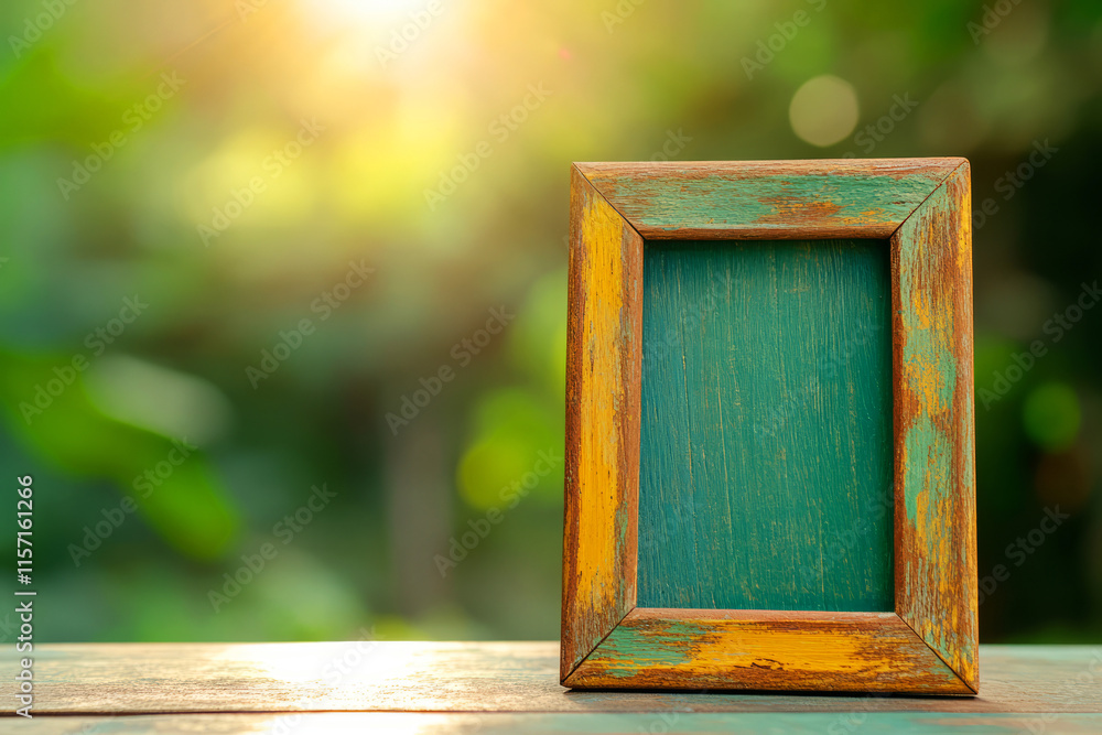Poster rustic wooden photo frame with empty space for picture on natural green background