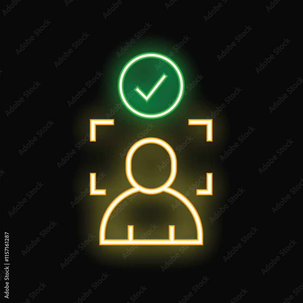 Poster neon icon representing a facial recognition system successfully identifying a person with a green ch