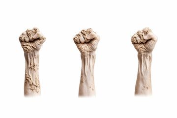 Three Hands Clenched in Fists, Covered in Dry Substance:  A Powerful Symbol of Resilience and Grit.