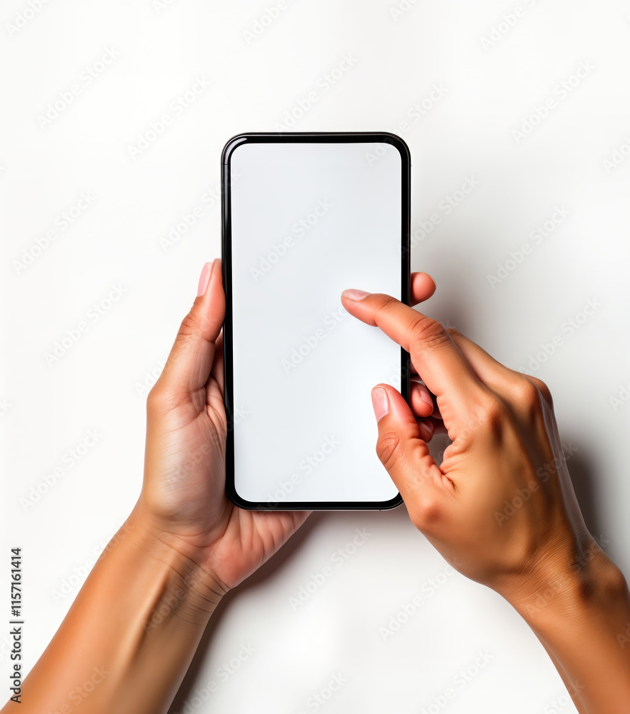 Leinwandbilder female hands hold phone 14 pro max. screen mockup shows blank display. finger scrolls up on blank di