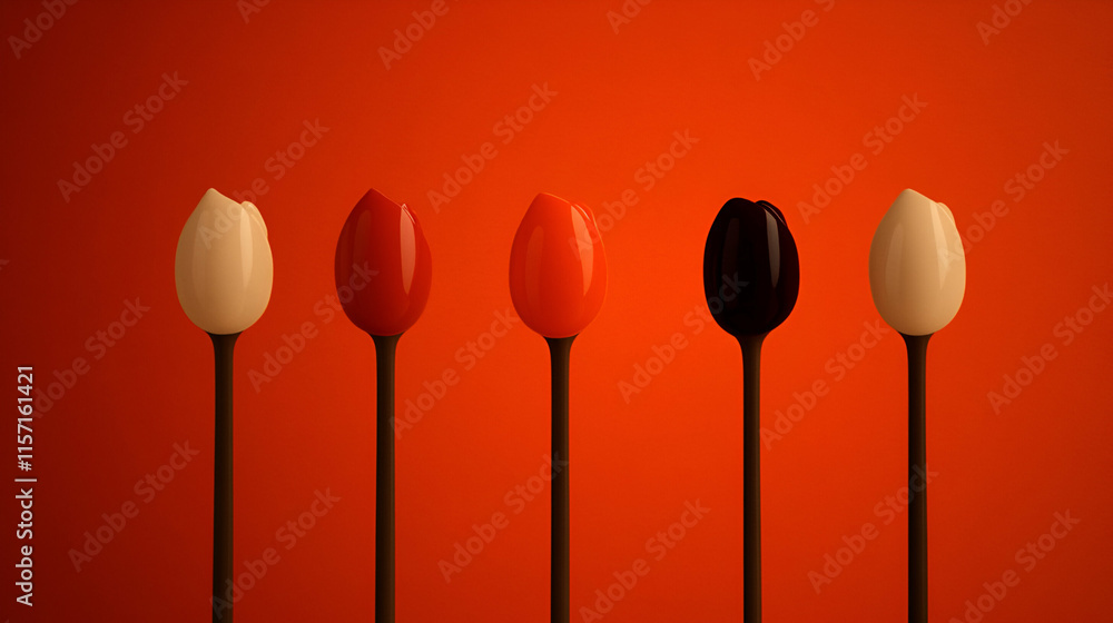 Aufkleber vibrant tulip-shaped objects on orange background: a study in color and form, displaying a striking 