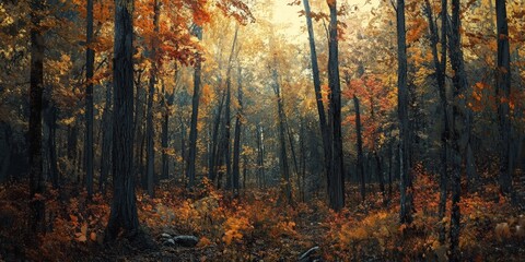 Fototapeta premium Transitioning forest showcasing the beauty of seasonal change between autumn and winter, highlighting the rich colors and textures that emerge in the forest during this unique time.