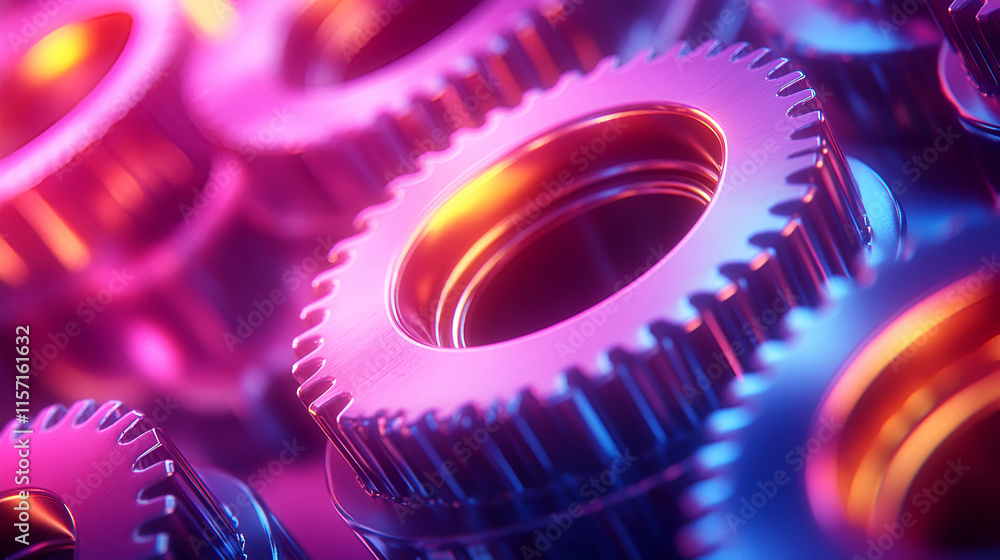 Poster interlocking gears, precision, movement, and synergy in vibrant colors. a complex system of rotating