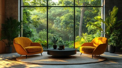 Modern Living Room with Forest View and Yellow Armchairs