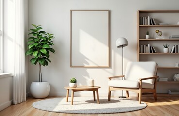 Modern living room interior design mockup. White armchair, wooden coffee table, bookshelf, houseplant, and empty poster on wall. Sunlight streaming into room. Cozy and bright atmosphere.