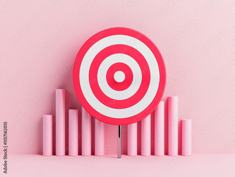 Poster red and white target with bar graph on pink background symbolizing business goals